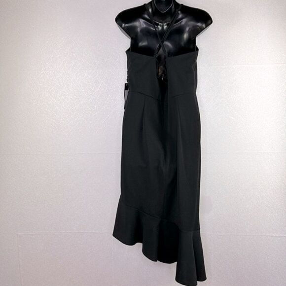 Bebe Asymmetric Flounced Knee Ruffle Midi Dress Black L - Picture 4 of 5